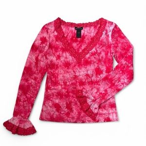 Stunning y2k Moda International hot red / pink floral tie-dye lace trim top